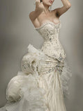 Exquisite Mermaid Sweetheart Neck Beaded Tulle Satin Long Prom Dress Wedding Dress HZ1023