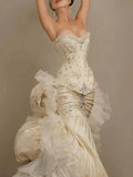 Exquisite Mermaid Sweetheart Neck Beaded Tulle Satin Long Prom Dress Wedding Dress HZ1023