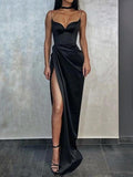 Thin Straps Simple Prom Gowns with Leg Slit Side HZ1023