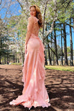 Light Pink Mermaid Straps Ruffle Chiffon Satin Prom Dress Evening Dress with Slit HZ1023