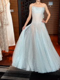 Romantic Blue A Line Strapless Sequin Tulle Long Prom Dress Gown Dress HZ1023
