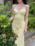 Mermaid Spaghetti Straps Yellow Chiffon Long Prom Dresses Evening Dress With Beads HZ1023