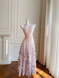 Light Pink A Line Halter Butterfly Appliques Tulle Prom Dress Evening Dress HZ1023