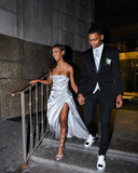 Elegant Strapless Long Pleated Slit Prom Dress Evening Dress HZ1023