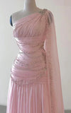 Elegant A Line One Shoulder Beaded Pink Chiffon Long Sweep Prom Dress Evening Dress HZ1023
