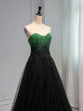 A Line Sweetheart Neck Green Beads Black Tulle Long Prom Dress Evening Dress HZ1023