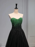 A Line Sweetheart Neck Green Beads Black Tulle Long Prom Dress Evening Dress HZ1023