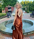 Elegant Mermaid Straps Brown Satin Long Sweep Prom Dress Evening Dress HZ1023