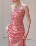 Gentle Pink Sheath Pleated Sequin Prom Dress Evening Dress 16th Birthday Dress HZ1023