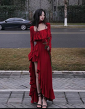 Vintage Red Prom Dress Long Irregular Evening Dress HZ1023