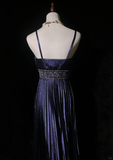 Retro A Line Spaghetti Strap Pleated Beaded Purple Satin Prom Dress Evening Dress HZ1023