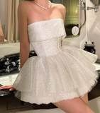 Shiny A Line Strapless White Sequin Homecoming Dress Cocktail Dress HZ1023