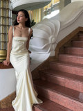 Simple Ivory A Line Straps Satin Long Wedding Guest Dress Party Dress HZ1023