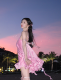 Cute Pink A Line One Shoulder Satin Short Homecoming Dress Vacation Dress HZ1023