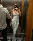 White Elegant Halter Long Sheath Pleated Prom Dress Evening Dress HZ1023