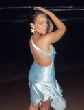 Baby Blue Mermaid One Shoulder Satin Short Open Back Homecoming Dress HZ1023