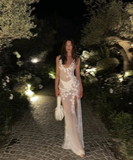 White See-Through High Split Applique Summer Party Dress Gown Backless Prom Dress HZ1023