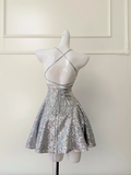 Shiny A Line Spaghetti Strap Silver Sequin Short Open Back Homecoming Dress Cocktail Dress HZ1023