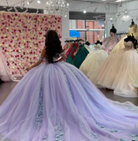 Purple Off the Shoulder Corset Appliques Tulle Ball Gown Sweet 16 Dress Quinceanera Dress HZ1023