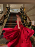 Elegant A Line V Neck Red Satin Prom Dress Evening Dress Ball Gown HZ1023