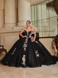 Black Off the Shoulder Appliques Beaded Tulle Prom Dress Quinceanera Dress Ball Gown with Bow HZ1023