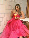 Hot Pink A Line Strapless Satin Long Prom Dress Birthday Dress with Bow HZ1023