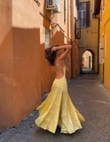 Simple Yellow A Line One Shoulder Satin Open Back Prom Dress Wedding Guest Dress HZ1023
