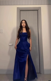 Royal Blue A Line Spaghetti Strap Sequin Prom Dress Evening Dress with Slit HZ1023