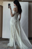 Stunning A Line Straps White Chiffon Prom Dress Evening Dress with Slit HZ1023