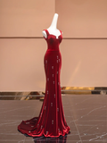 Burgundy Mermaid Straps Beaded Velvet Long Prom Dress Party Dress HZ1023