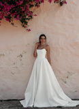 Simple Ball Gown Strapless White Satin Wedding Dress HZ1023
