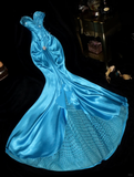 Stunning Mermaid Sweetheart Neck Beaded Sequin Blue Satin Long Prom Dress Evening Dress HZ1023