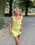 Cute Yellow A Line Ruffles Satin Open Back Short Homecoming Dress Outfits HZ1023