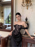 Khaki Elegant Sheath Off the Shoulder Sequin Lace Satin Prom Dress Evening Dress HZ1023