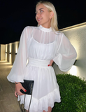 Simple A Line Round Neck Long Sleeve White Chiffon Short Homecoming Dress Outfits HZ1023