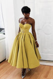 Yellow sweetheart neck satin tea length prom dress, yellow evening dress HZ1023