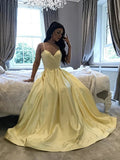 Yellow V Neck Long Satin Prom Dresses,Elegant V Neck Formal Evening Dresses HZ1023