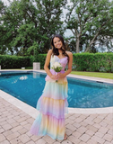 Spaghetti Straps V Neck Layered Chiffon Rainbow Long Prom Dress HZ1023