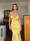 Stunning Mermaid Spaghetti Straps Yellow Chiffon Satin Prom Dress Evening Dress HZ1023