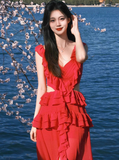 Red A Line V Neck Ruffle Chiffon Long Prom Dress Vacation Dress HZ1023