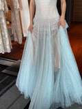 Romantic Blue A Line Strapless Sequin Tulle Long Prom Dress Gown Dress HZ1023