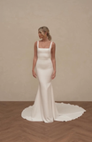 Mermaid Spaghetti Strap White Satin Long Sweep Wedding Dress Prom Dress HZ1023