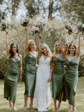 Elegant A Line Spaghetti Strap Hunter Green Satin Evening Dress Bridesmaid Dress with Slit HZ1023