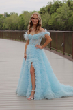 Sky Blue Princess Slit Evening Dress Feathers Straps Tulle Beaded Tiered Long Prom Dress HZ1023