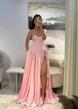 Pink A Line Sweetheart Neck Pleated Satin Prom Dress Wedding Guest Dress with Slit HZ1023