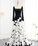 Elegant Long Sleeve 3D Floral Satin Long Prom Dress Evening Dress HZ1023