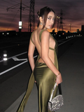 Sexy Olive Green Sheath Straps Satin Open Back Long Wedding Guest Dress Party Dress HZ1023