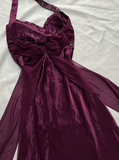 Vintage A Line Halter Beaded Purple Satin Open Back Prom Dress Graduation Prom Dress HZ1023