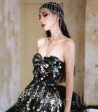 Shiny Black Sequin A Line Sweetheart Neck Tulle Homecoming Dress Cocktail Dress HZ1023
