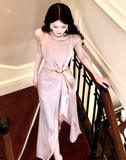 Light Pink A Line Straps Rhinestone Satin Prom Dress Evening Dress Formal Dress with Slit HZ1023